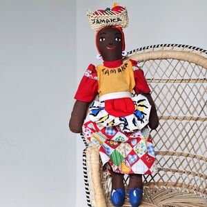 Vintage Jamaica Handmade Doll 12.5” Caribbean Folk Art Rag Doll Decor
